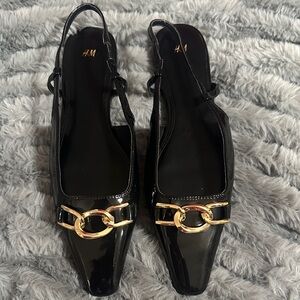 H&M Black Patent Heels with Gold Chain Accent